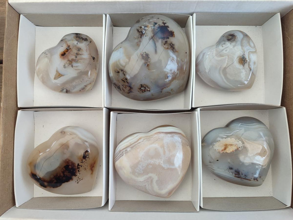 Polished Banded Agate Hearts x 6 From Madagascar - Toprock Gemstones and Minerals 