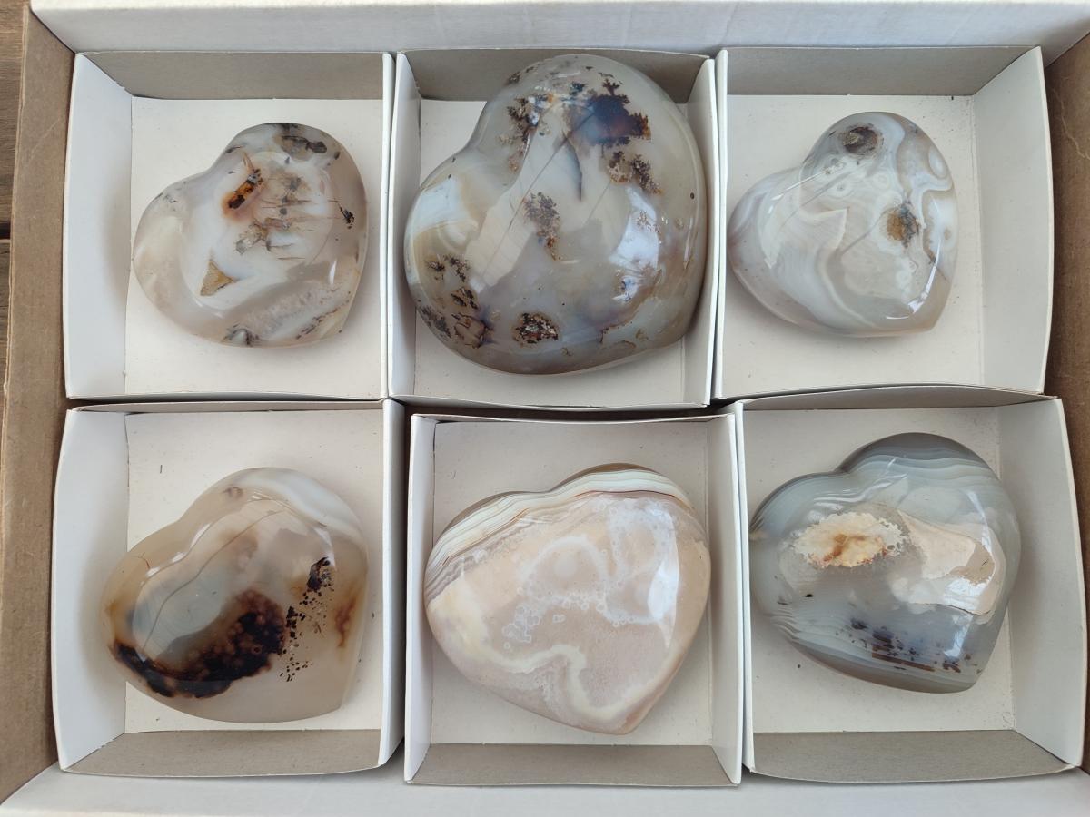 Polished Banded Agate Hearts x 6 From Madagascar - Toprock Gemstones and Minerals 
