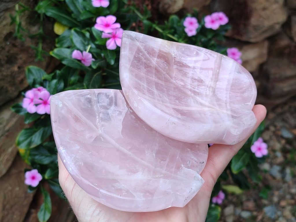 Hand Made Gemmy Rose Quartz Leaf Bowl Carvings x 4 From Madagascar - Toprock Gemstones and Minerals 