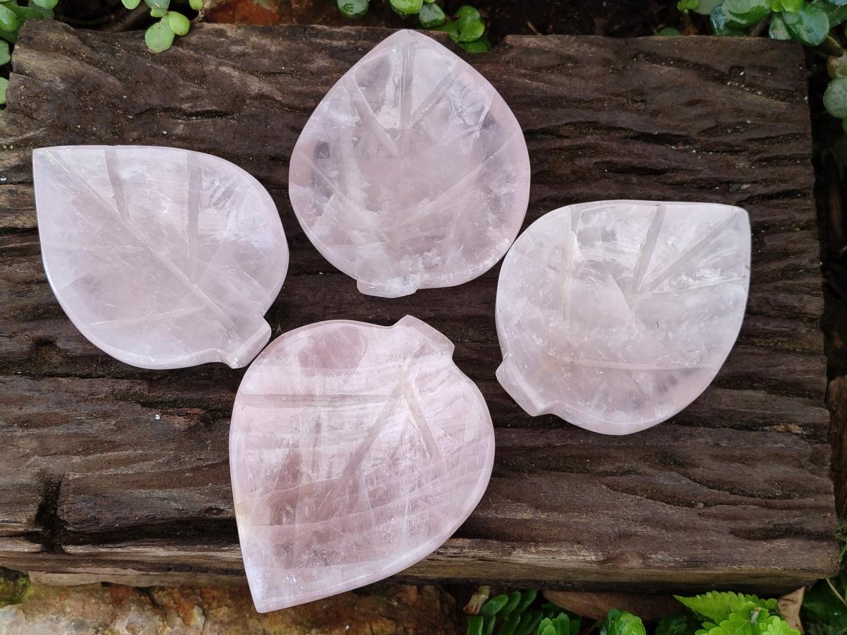 Hand Made Gemmy Rose Quartz Leaf Bowl Carvings x 4 From Madagascar - Toprock Gemstones and Minerals 