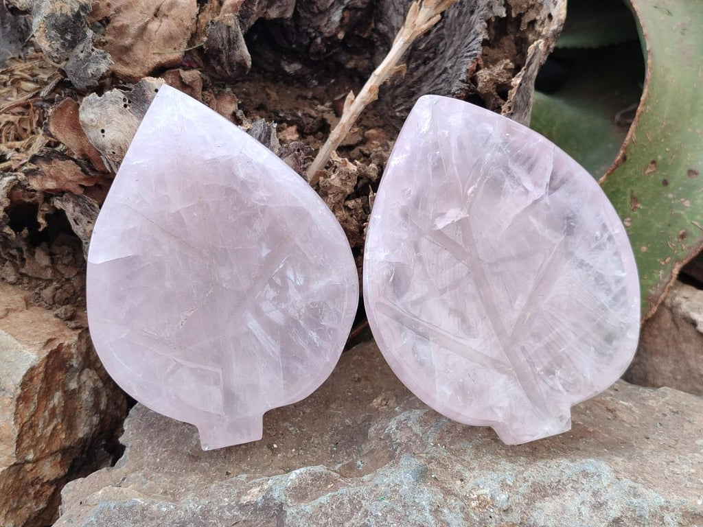 Hand Made Gemmy Rose Quartz Leaf Bowl Carvings x 4 From Madagascar - Toprock Gemstones and Minerals 