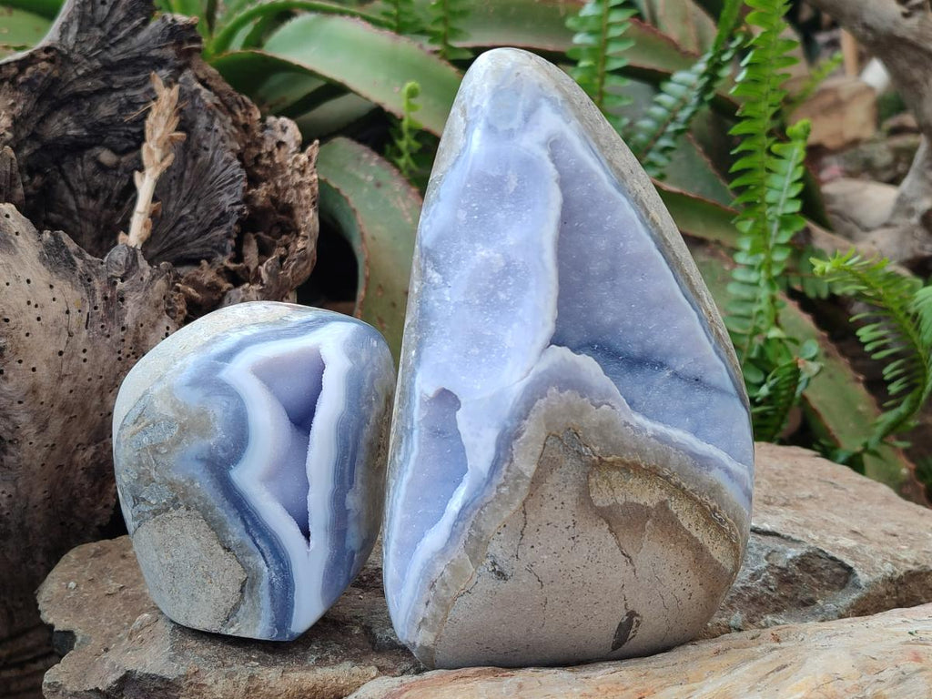 Polished and Natural Blue Lace Agate Standing Display Pieces x 2 From Nsanje, Malawi - Toprock Gemstones and Minerals 