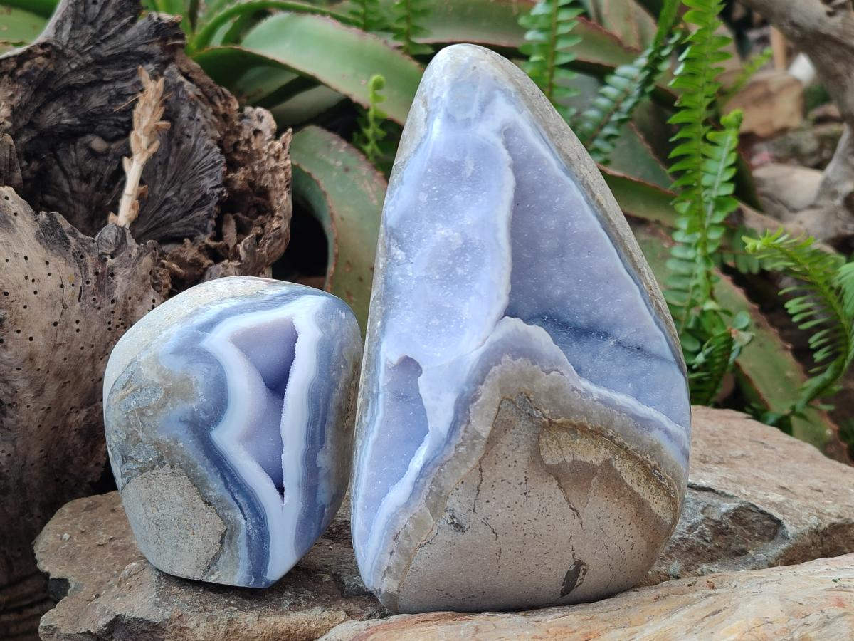 Polished and Natural Blue Lace Agate Standing Display Pieces x 2 From Nsanje, Malawi - Toprock Gemstones and Minerals 