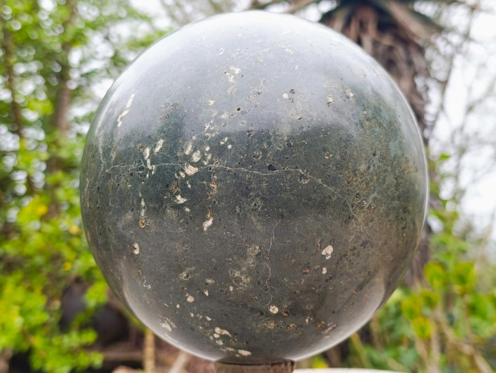 Polished XL Green Basalt Amygdale Sphere with White Natrolite x 1 From Tshipise South Africa - Toprock Gemstones and Minerals 