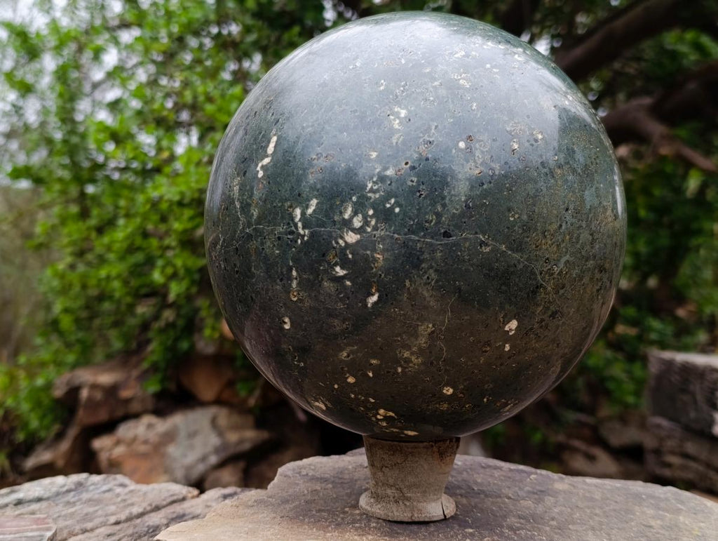 Polished XL Green Basalt Amygdale Sphere with White Natrolite x 1 From Tshipise South Africa - Toprock Gemstones and Minerals 