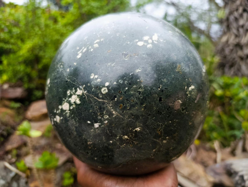 Polished XL Green Basalt Amygdale Sphere with White Natrolite x 1 From Tshipise South Africa - Toprock Gemstones and Minerals 