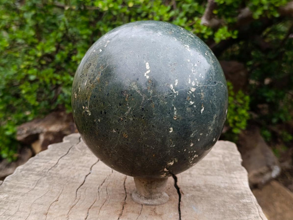 Polished XL Green Basalt Amygdale Sphere with White Natrolite x 1 From Tshipise South Africa - Toprock Gemstones and Minerals 