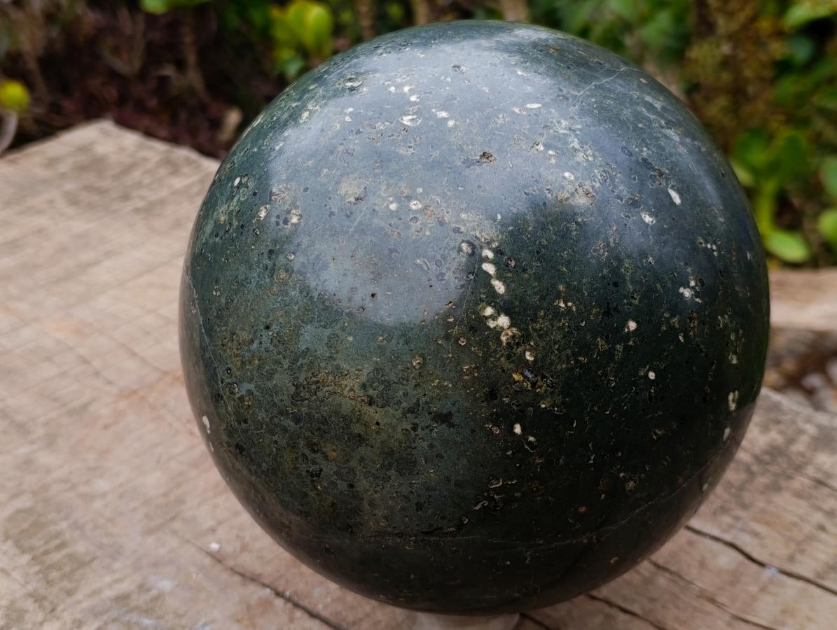Polished XL Green Basalt Amygdale Sphere with White Natrolite x 1 From Tshipise South Africa - Toprock Gemstones and Minerals 