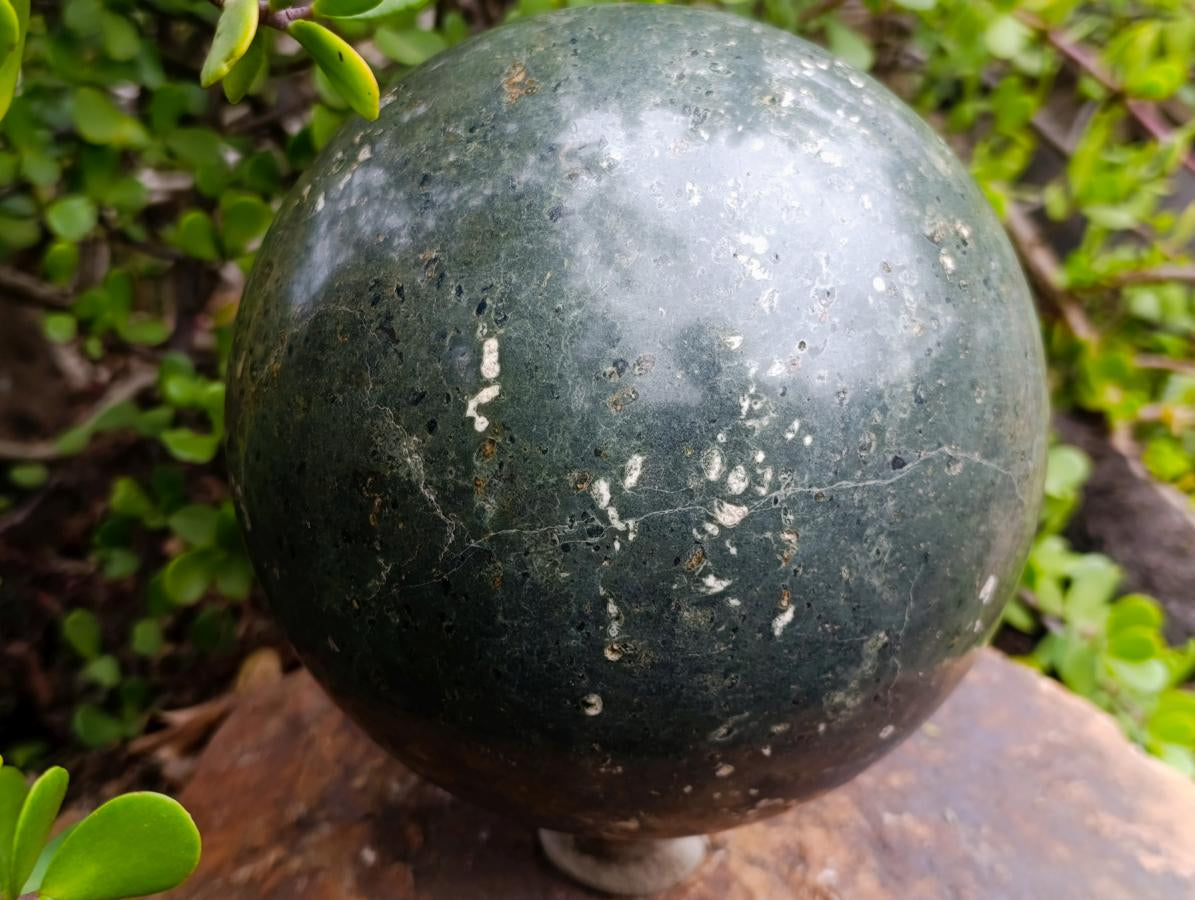 Polished XL Green Basalt Amygdale Sphere with White Natrolite x 1 From Tshipise South Africa - Toprock Gemstones and Minerals 