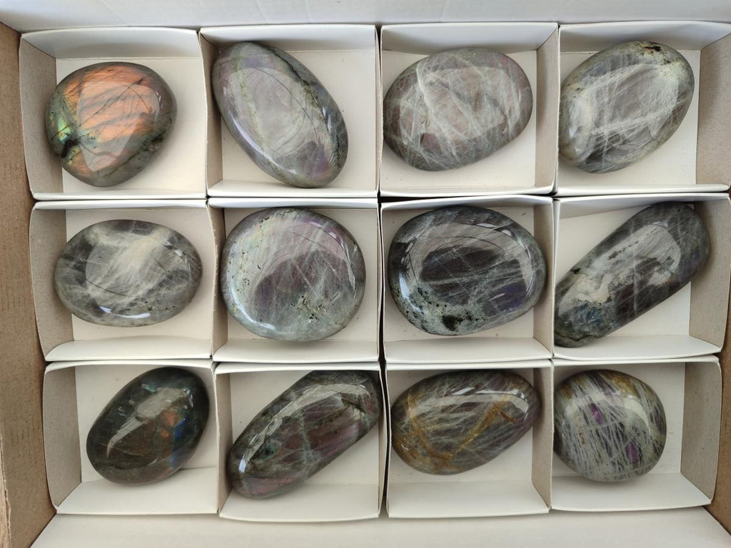 Polished Rare Purple Sunset Flash Labradorite Palm Stones x 12 From Madagascar - Toprock Gemstones and Minerals 