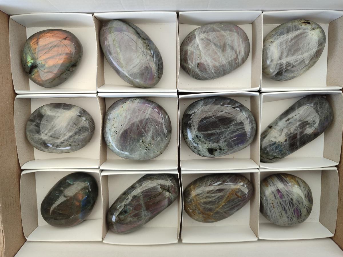 Polished Rare Purple Sunset Flash Labradorite Palm Stones x 12 From Madagascar - Toprock Gemstones and Minerals 