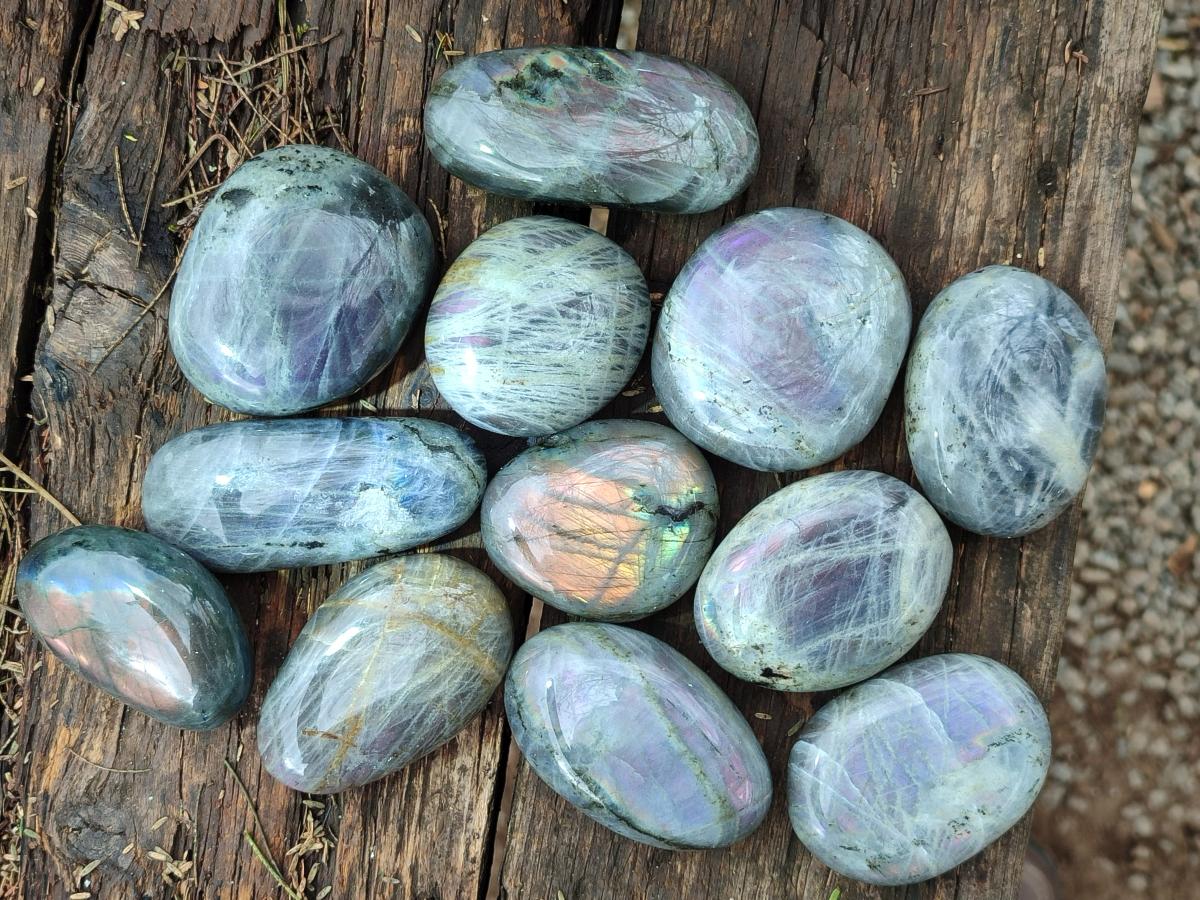 Polished Rare Purple Sunset Flash Labradorite Palm Stones x 12 From Madagascar - Toprock Gemstones and Minerals 
