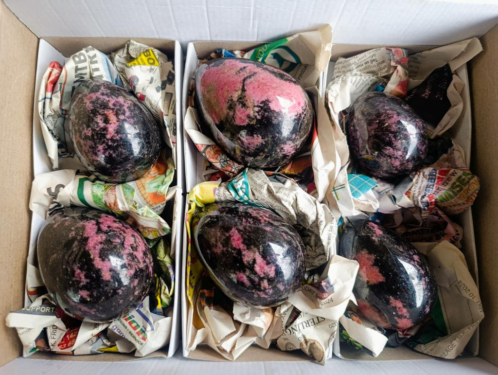 Polished Rhodonite Gemstone Eggs x 6 From Ambindavato, Madagascar - Toprock Gemstones and Minerals 