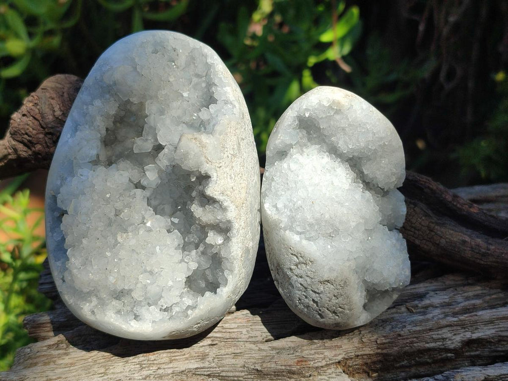 Polished and Natural Blue Celestite Eggs x 3 From Sakoany, Madagascar