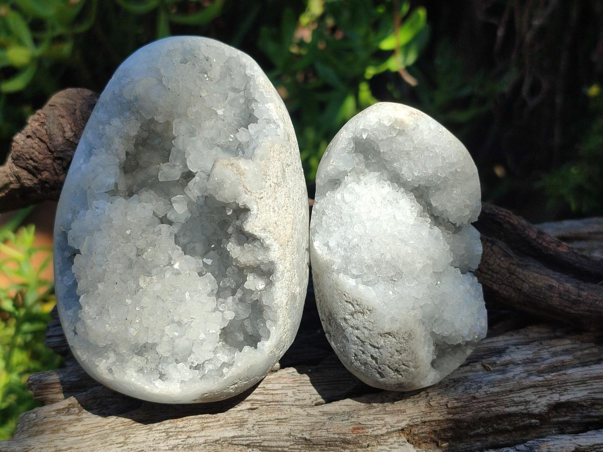 Polished and Natural Blue Celestite Eggs x 3 From Sakoany, Madagascar