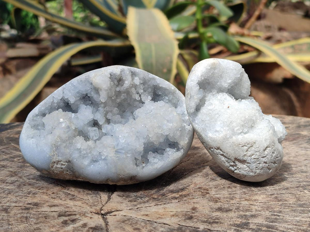 Polished and Natural Blue Celestite Eggs x 3 From Sakoany, Madagascar