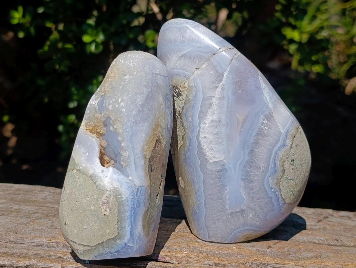Polished and Natural Blue Lace Agate Standing Display Pieces x 2 From Nsanje, Malawi