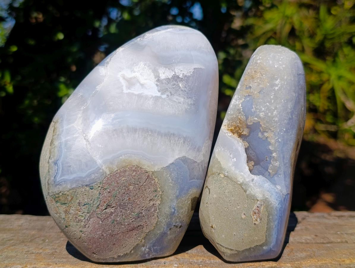 Polished and Natural Blue Lace Agate Standing Display Pieces x 2 From Nsanje, Malawi