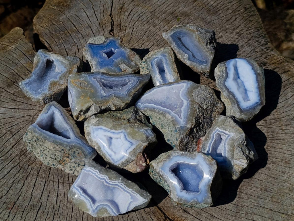 Polished One Side Blue Lace Agate Geodes x 12 From Nsanje, Malawi