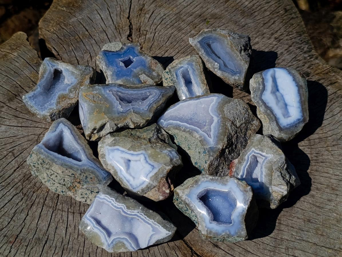 Polished One Side Blue Lace Agate Geodes x 12 From Nsanje, Malawi