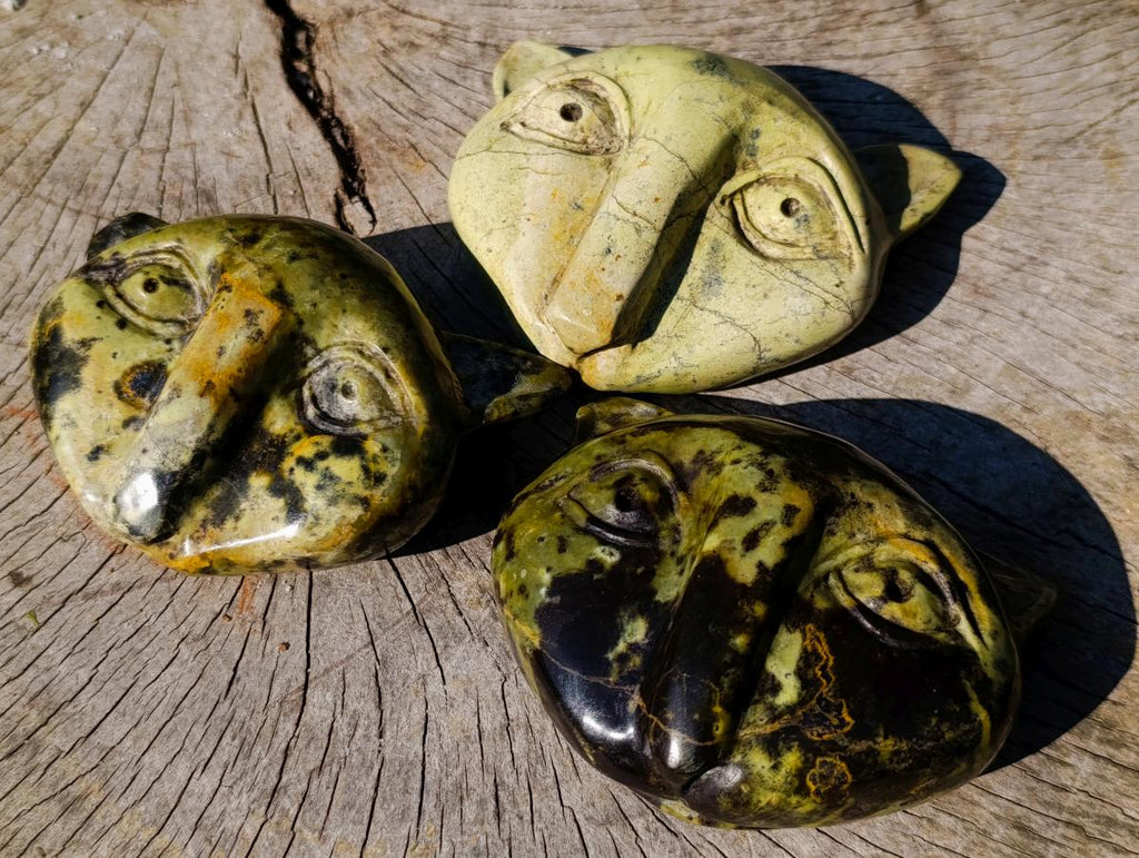 Hand Made Leopard Stone Cat Head Carvings x 3 From Zimbabwe