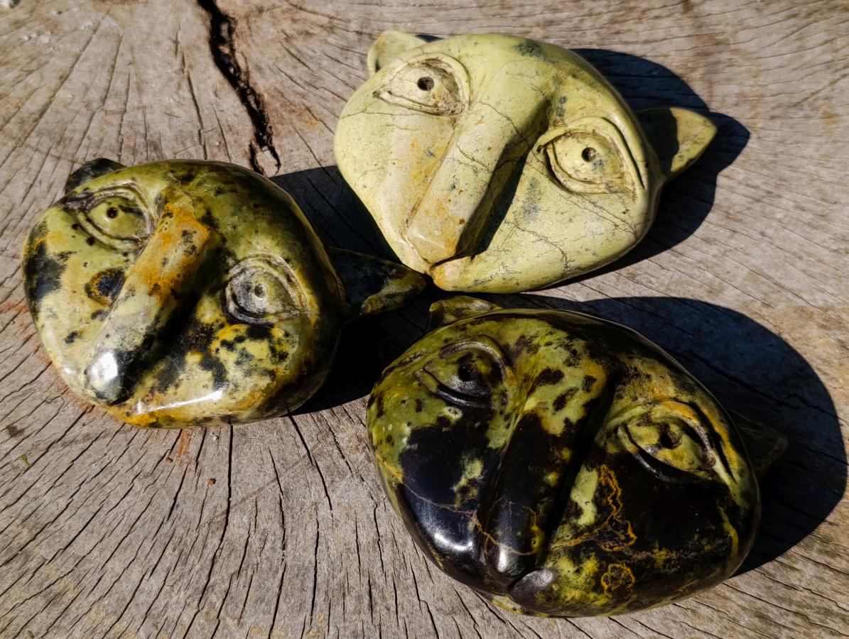 Hand Made Leopard Stone Cat Head Carvings x 3 From Zimbabwe