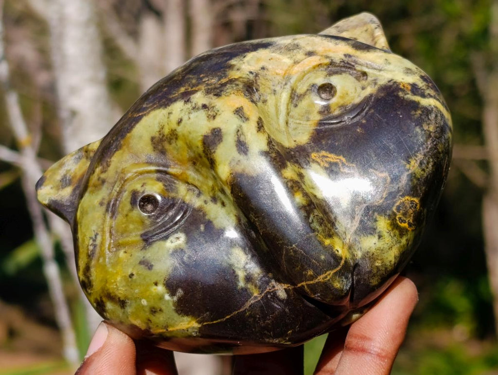 Hand Made Leopard Stone Cat Head Carvings x 3 From Zimbabwe