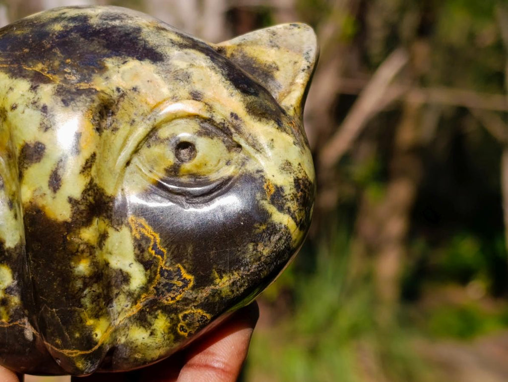 Hand Made Leopard Stone Cat Head Carvings x 3 From Zimbabwe