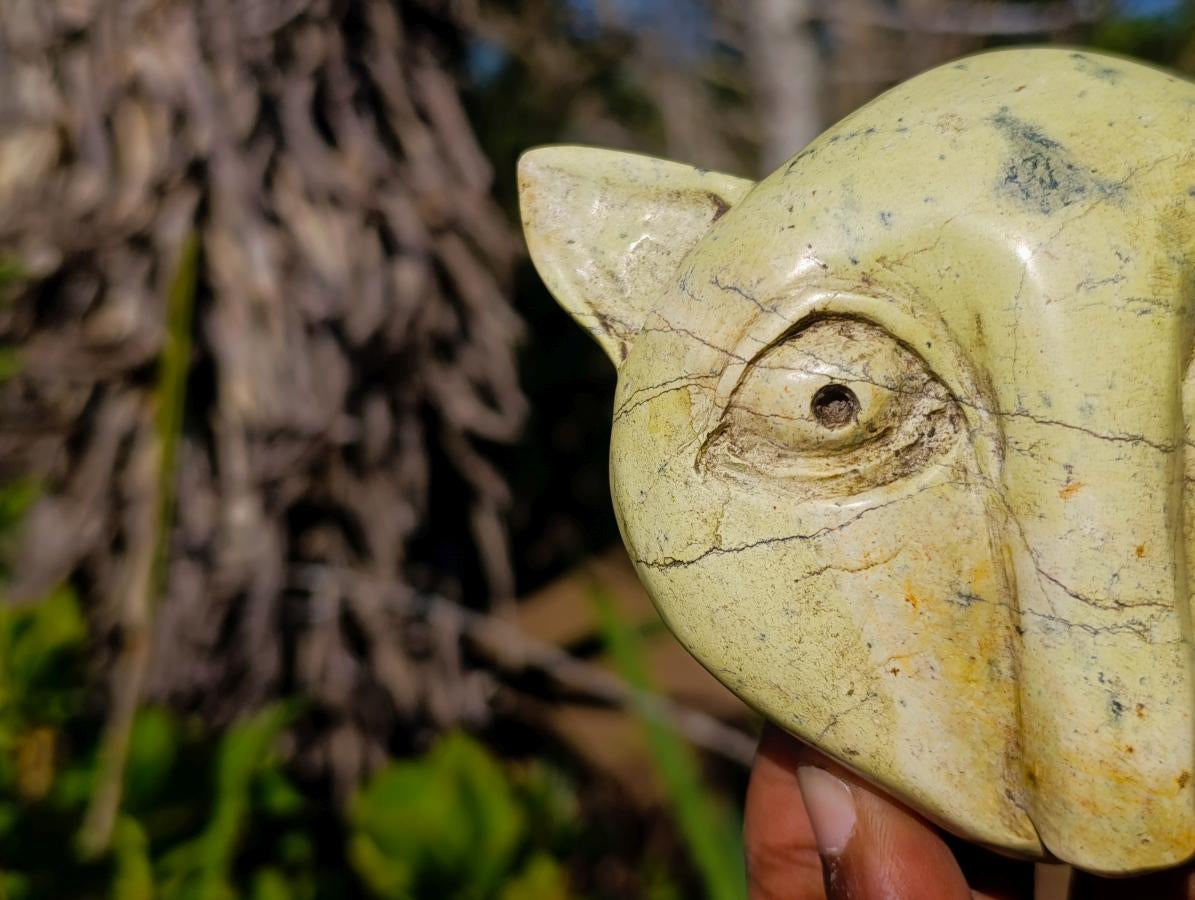 Hand Made Leopard Stone Cat Head Carvings x 3 From Zimbabwe