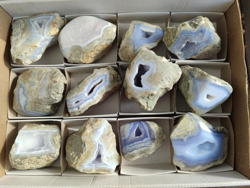 Polished One Side Blue Lace Agate Geodes x 12 From Nsanje, Malawi