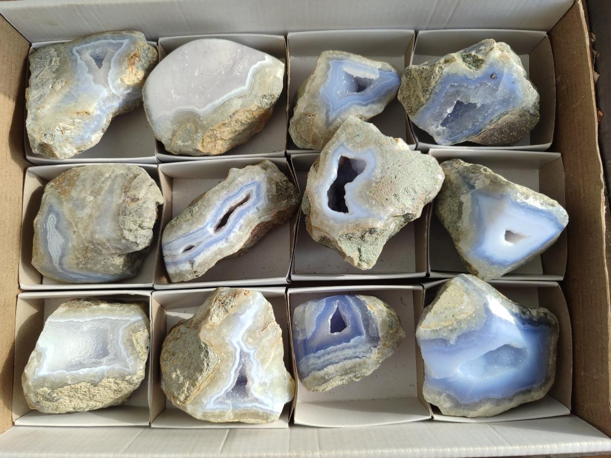 Polished One Side Blue Lace Agate Geodes x 12 From Nsanje, Malawi