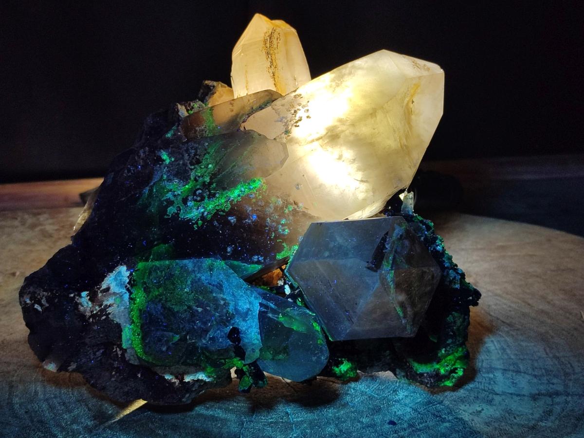 Natural Large Smokey Quartz Cluster with Black Tourmaline and Hyalite Opal x 1 From Erongo, Namibia