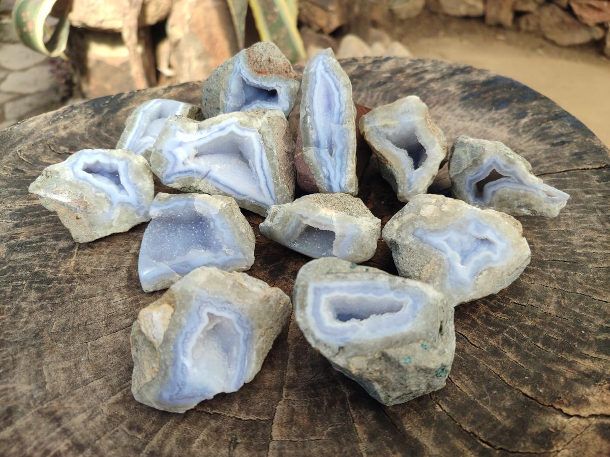 Polished One Side Blue Lace Agate Geodes x 12 From Nsanje, Malawi