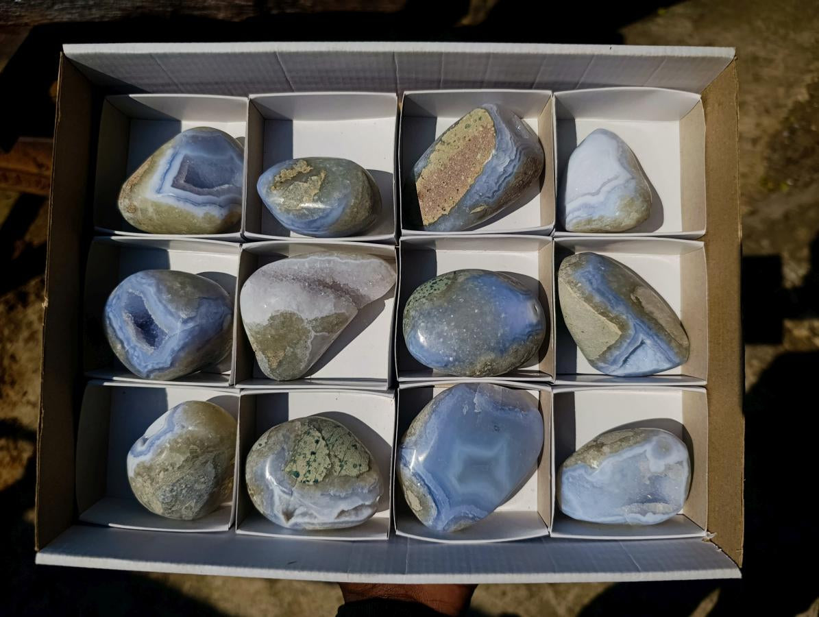 Polished and Natural Blue Lace Agate Free Forms x 12 From Nsanje, Malawi