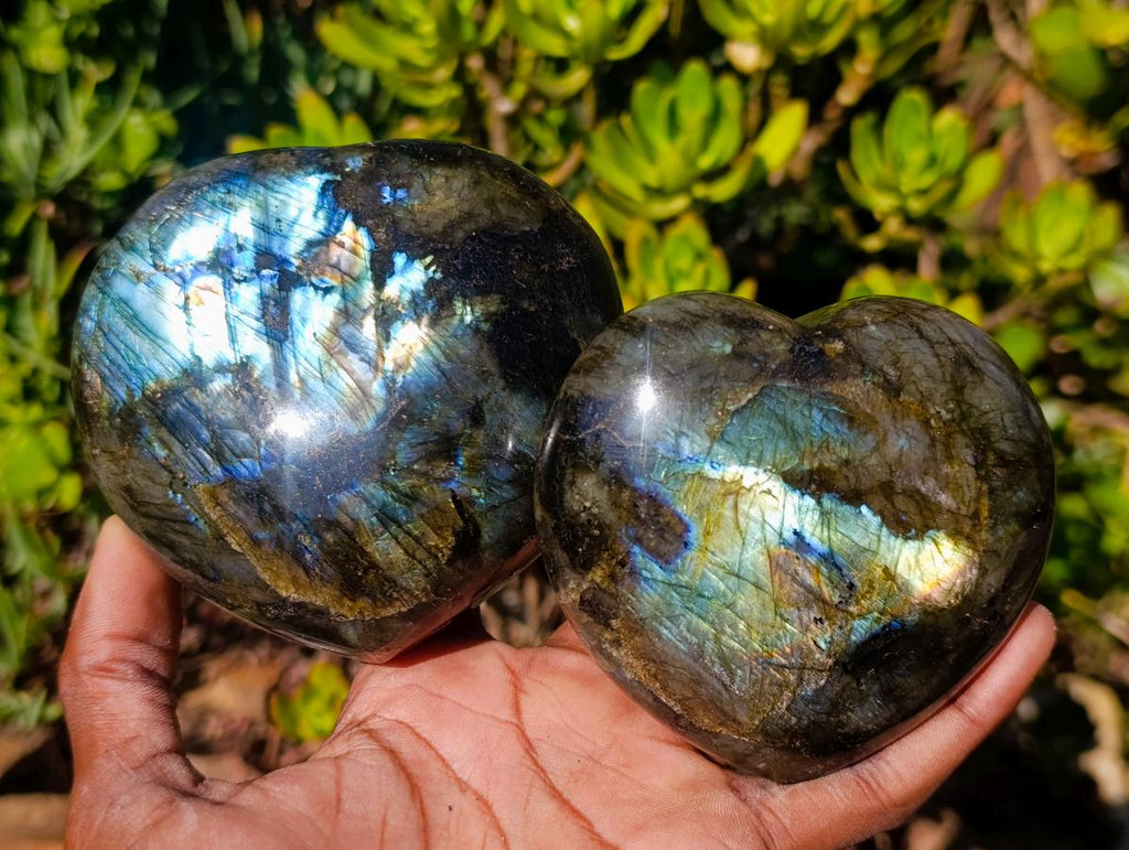 Polished Labradorite Hearts x 2 From Madagascar