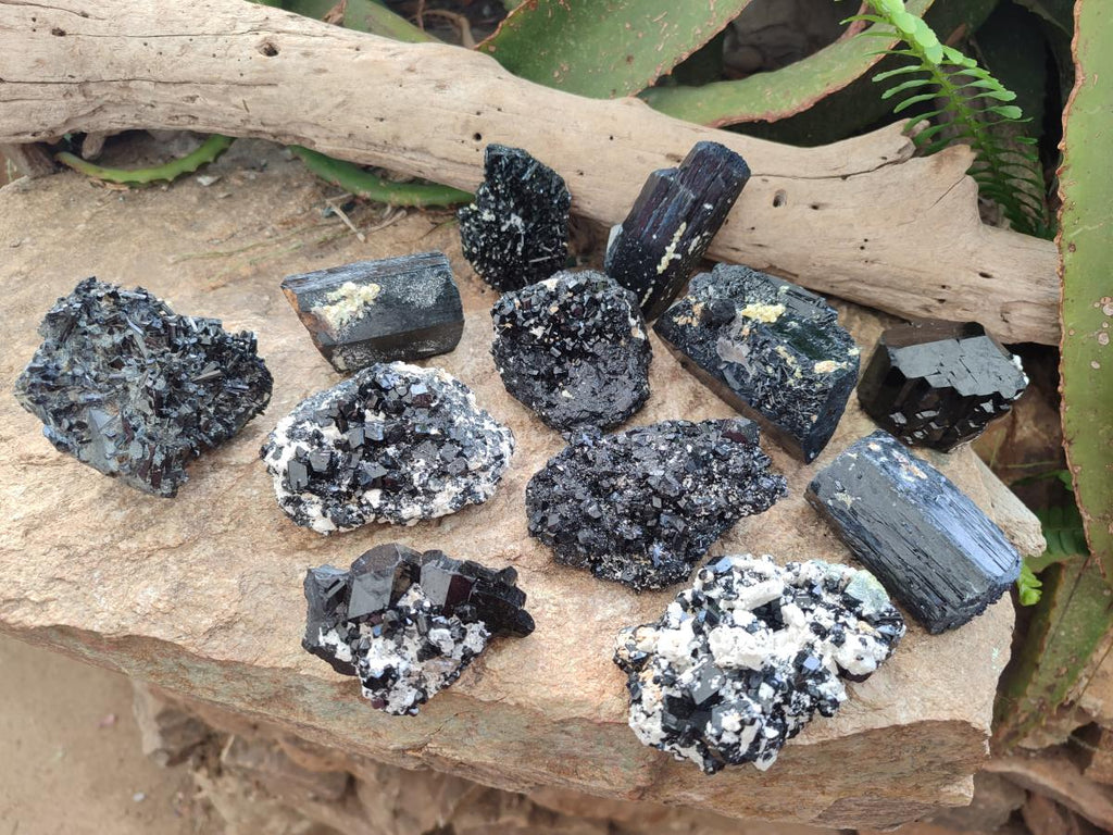 Natural Schorl Black Tourmaline Crystal and Cluster Specimens with Associated Minerals x 12 From Erongo, Namibia