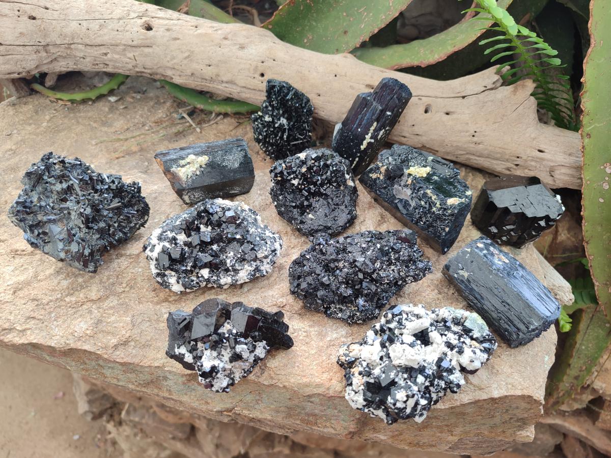 Natural Schorl Black Tourmaline Crystal and Cluster Specimens with Associated Minerals x 12 From Erongo, Namibia