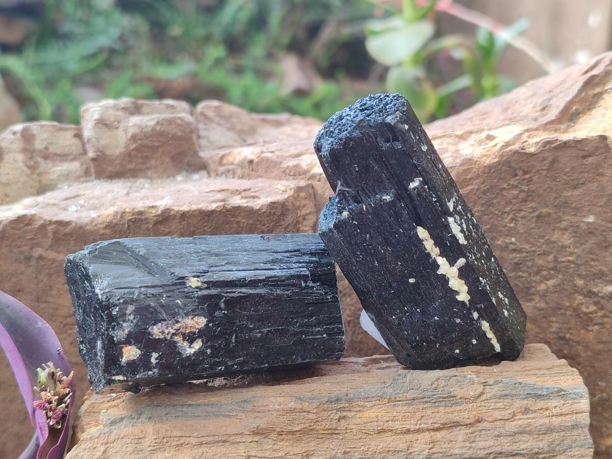Natural Schorl Black Tourmaline Crystal and Cluster Specimens with Associated Minerals x 12 From Erongo, Namibia
