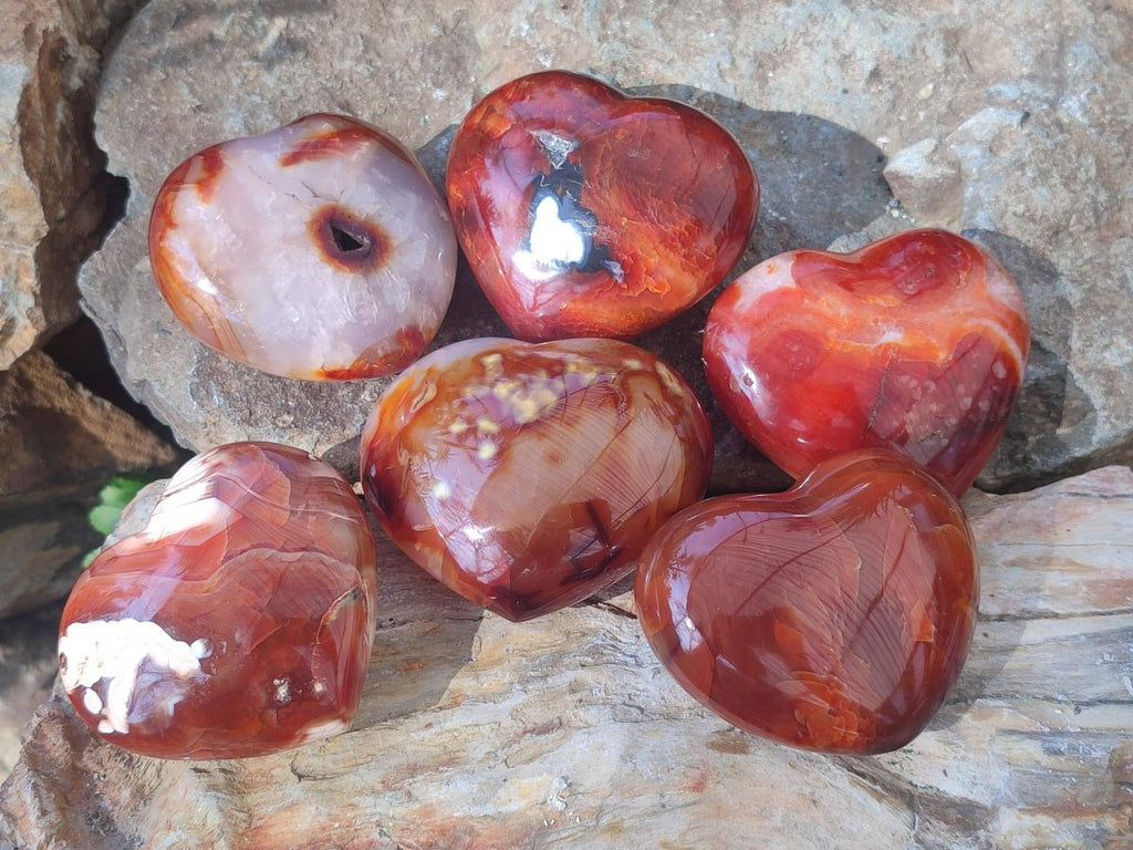Polished Carnelian Agate Gemstone Hearts x 6 From Madagascar