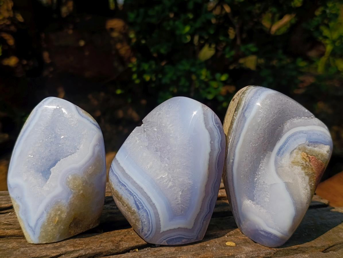 Polished and Natural Blue Lace Agate Standing Display Pieces x 3 From Nsanje, Malawi