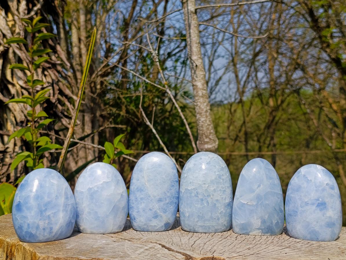 Polished Blue Calcite Standing Display Pieces x 6 From Madagascar