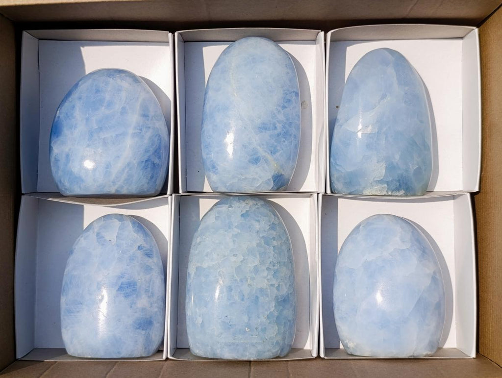 Polished Blue Calcite Standing Display Pieces x 6 From Madagascar
