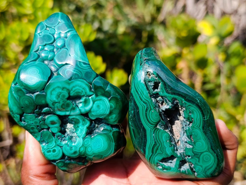 Polished and Natural Flower Banded Malachite Free Forms x 3 From Congo