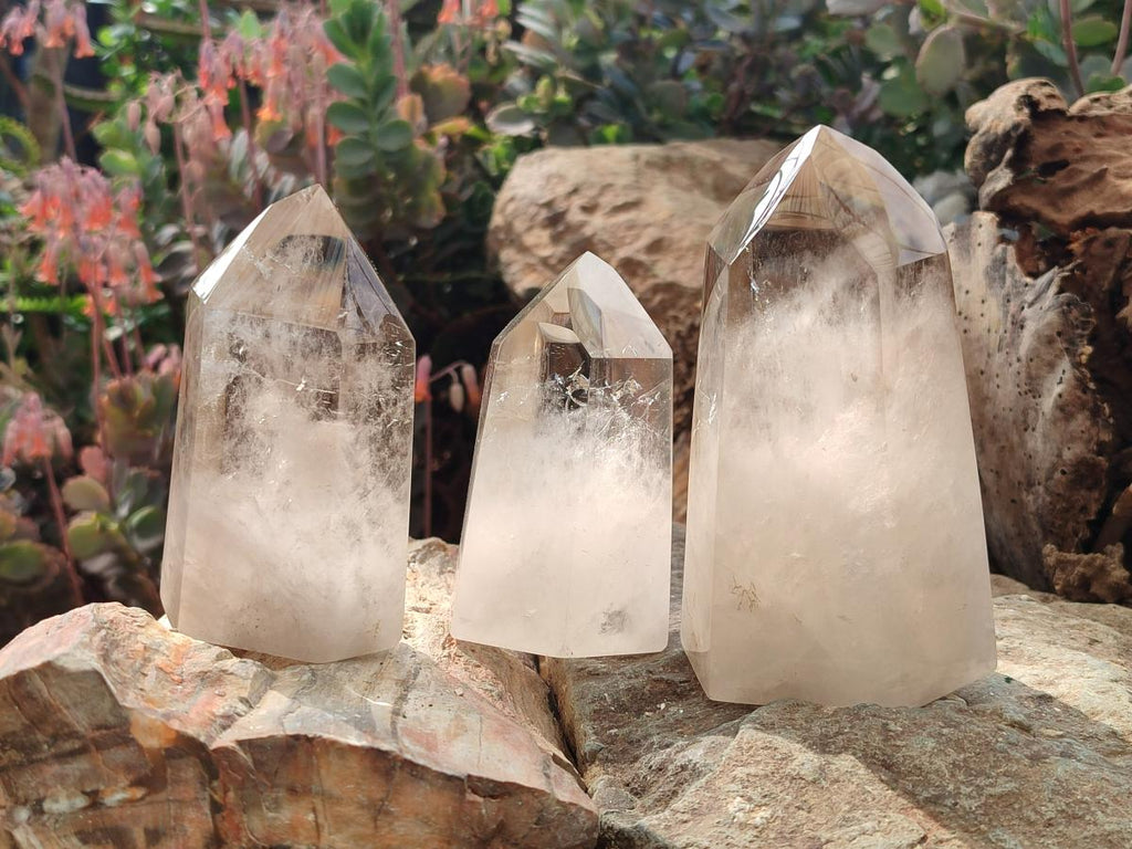 Polished Smokey Wispy Phantom Quartz Crystals x 3 From Anjozorobe, Madagascar