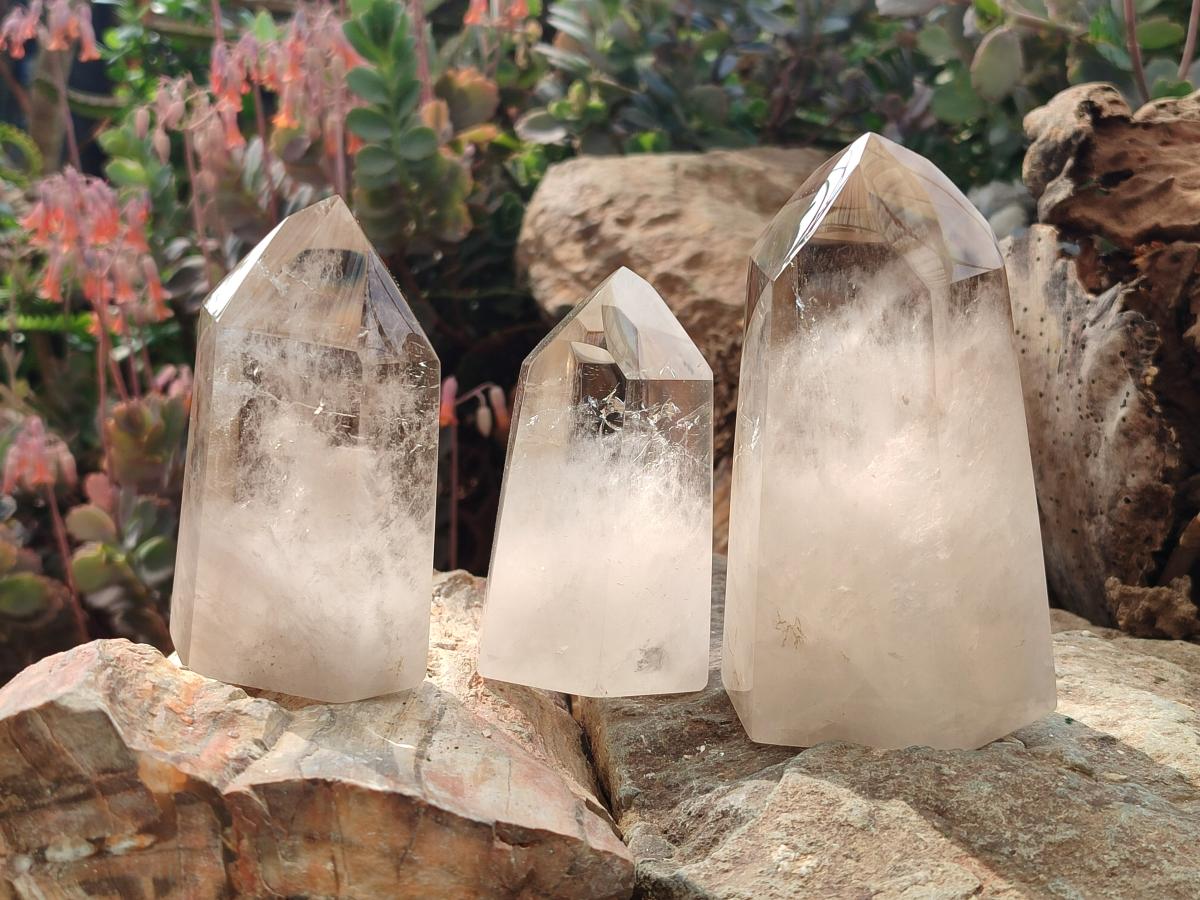 Polished Smokey Wispy Phantom Quartz Crystals x 3 From Anjozorobe, Madagascar