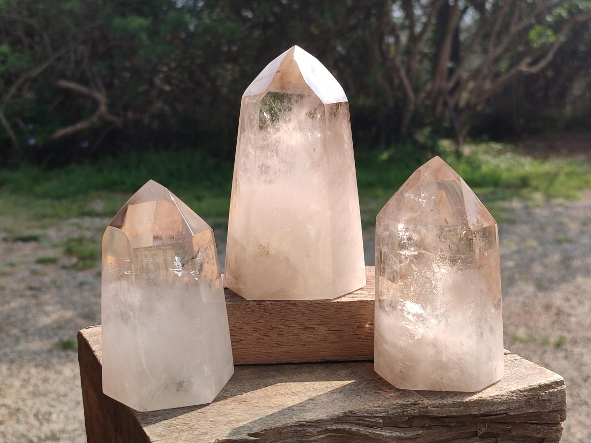 Polished Smokey Wispy Phantom Quartz Crystals x 3 From Anjozorobe, Madagascar