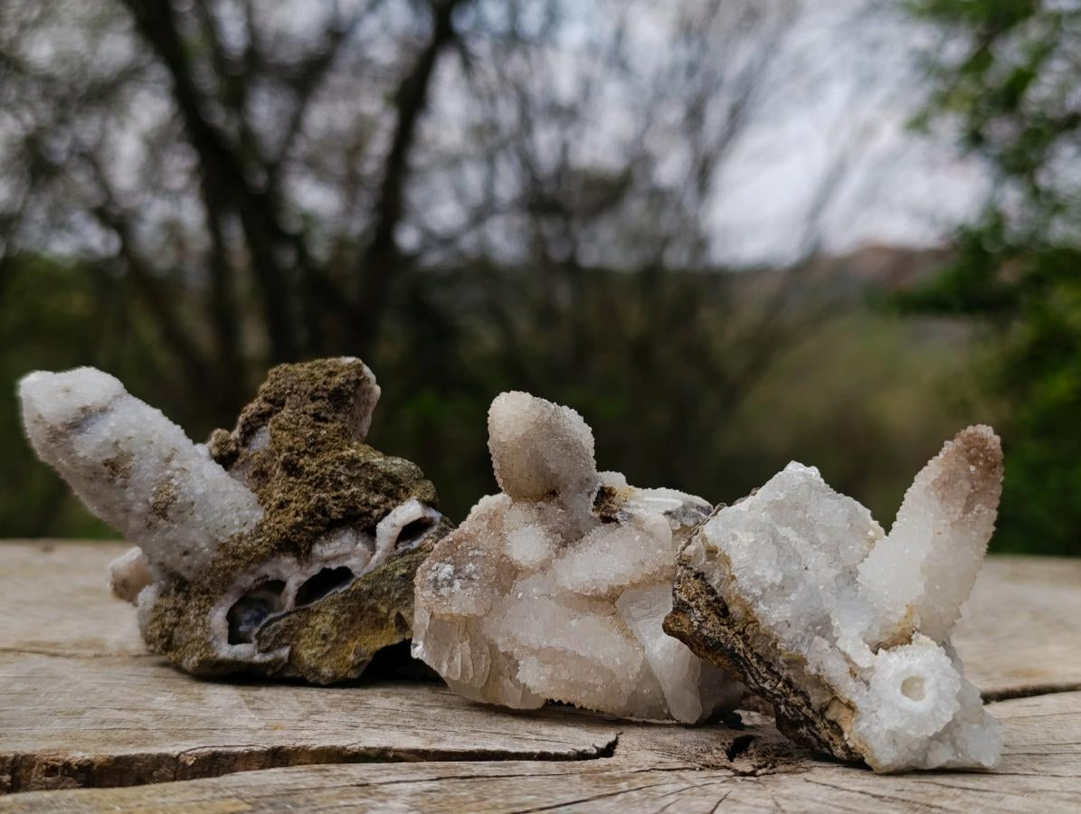 Natural Drusy Quartz Coated Calcite Crystal and Cluster Specimens x 8 From Albert's Mountain, Lesotho
