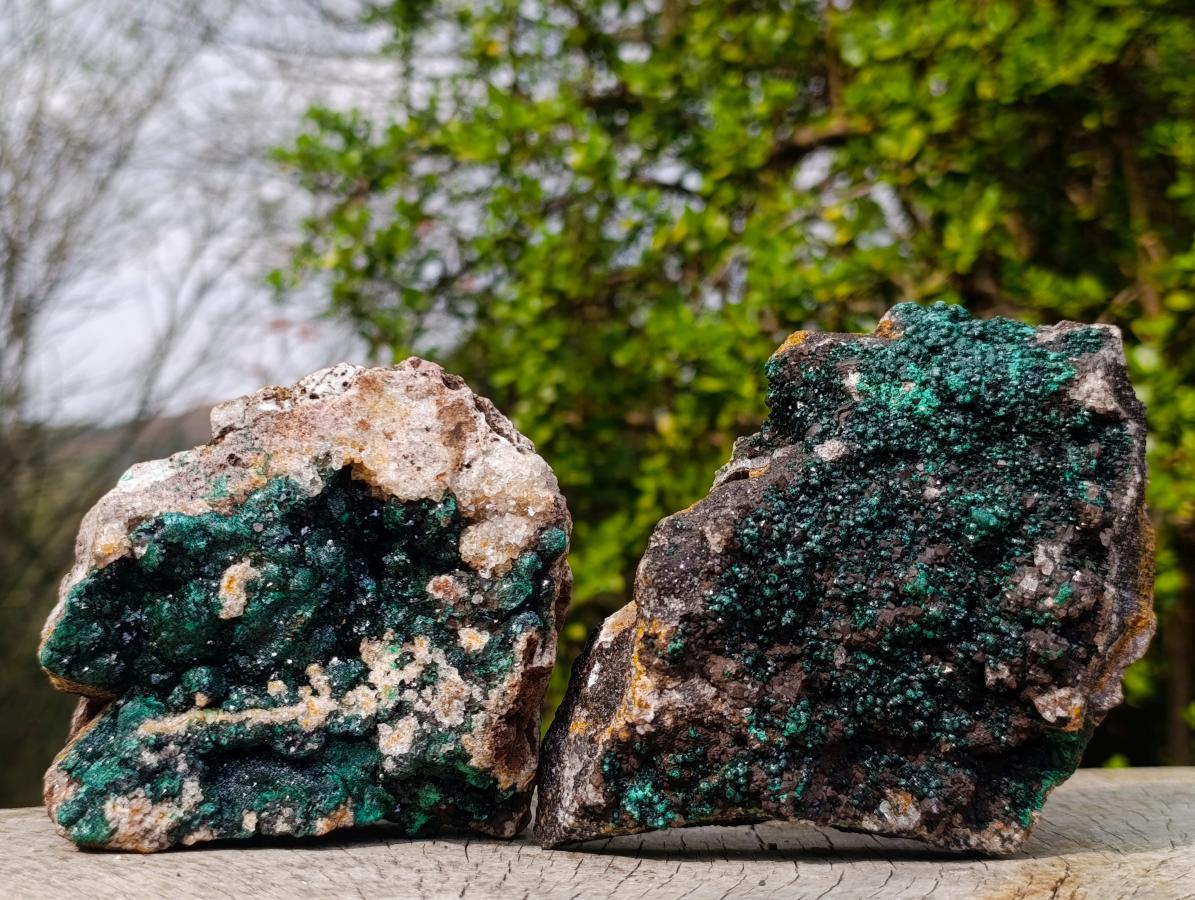 Natural Ball Malachite Specimens with Drusy Quartz on Dolomite x 2 From Mindingi Mine, Kambove, Congo