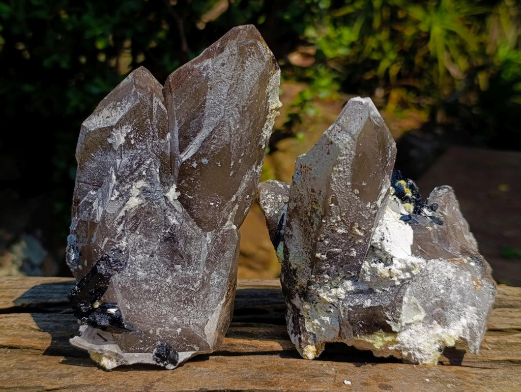 Natural Smokey Quartz Crystals with Schorl Black Tourmaline and Hyalite Opal x 2 From Erongo, Namibia