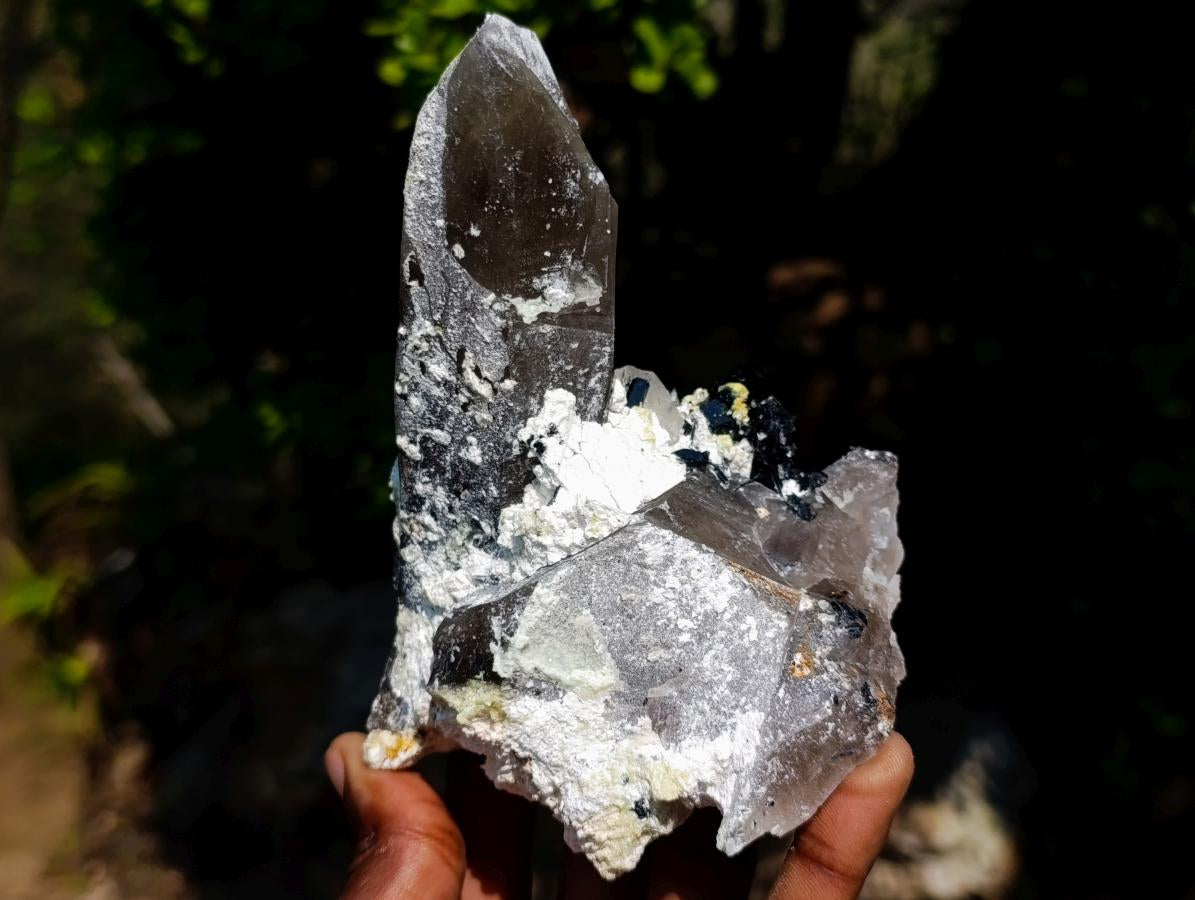 Natural Smokey Quartz Crystals with Schorl Black Tourmaline and Hyalite Opal x 2 From Erongo, Namibia